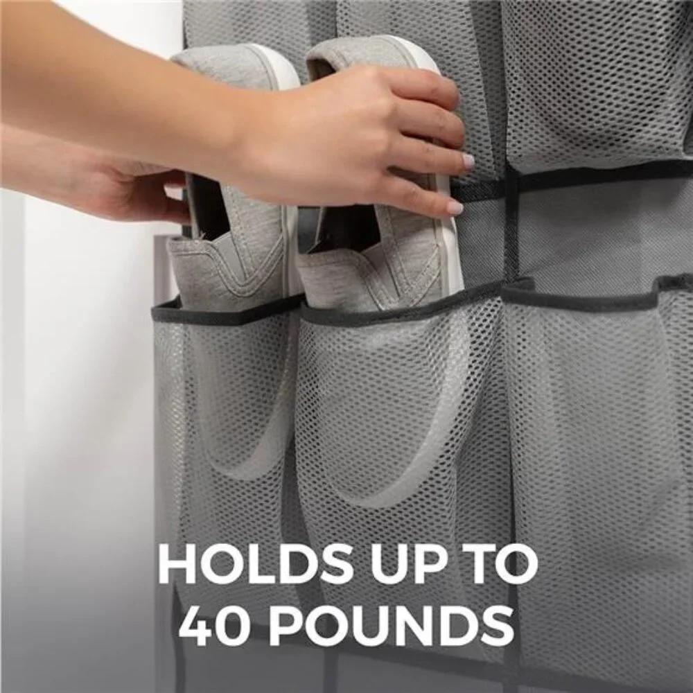 Over Door Shoe Organizer Hanging Closet Storage 24 Pocket Mesh 2 Pack Gray